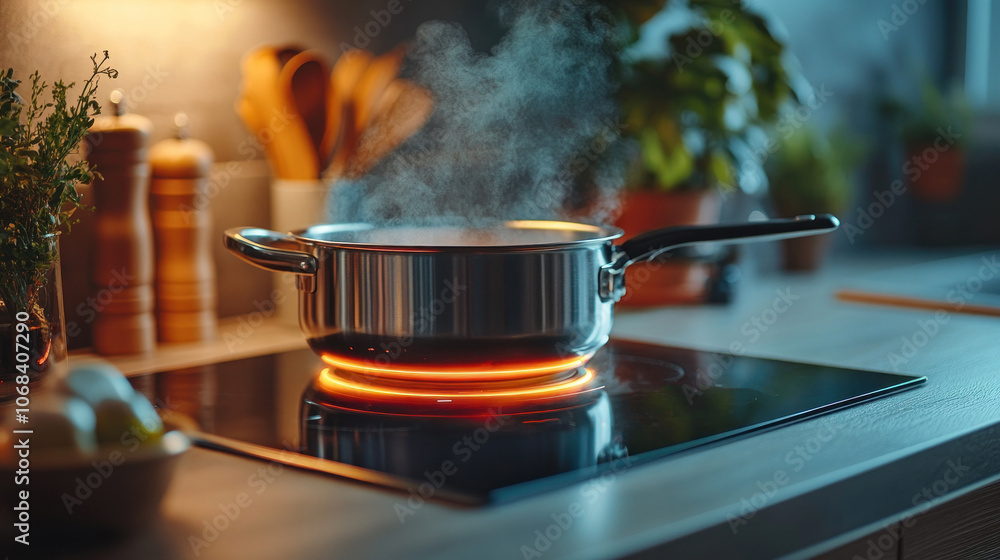 Aufkleber close-up of a modern induction hob with built-in sensors that detect the position of the pot and aut