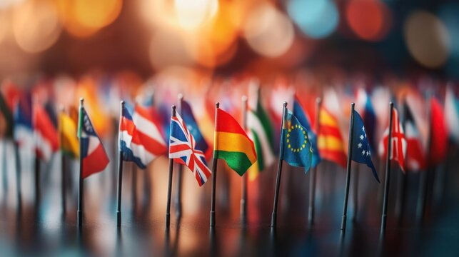 Colorful flags and cultural decorations representing countries from every continent."