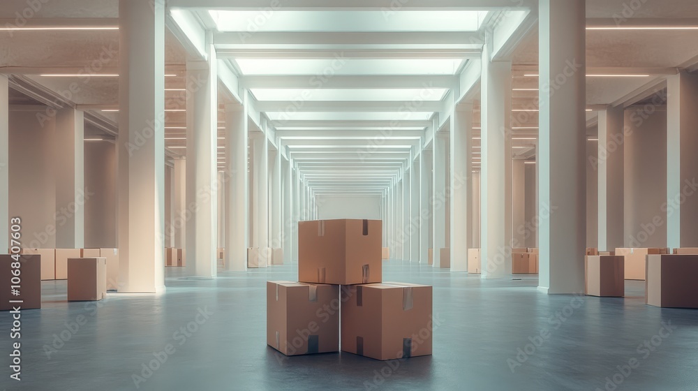 Poster cardboard boxes stacked in spacious, empty room with tall columns and bright lighting, creating sens