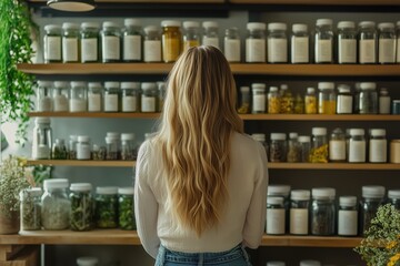Woman Choosing Herbs in a Store: A blonde woman stands before a wall of apothecary jars filled with an array of dried herbs and spices. The image evokes a sense of calm and mindful decision-making. 