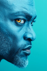 Striking close-up portrait of a man with blue skin texture and intense golden eye on a vibrant turquoise background, emphasizing detail and contrast.