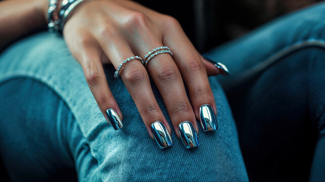 gros plan sur une main de femme qui montre ses ongles recouverts de vernis &agrave; effet m&eacute;tallique chrom&eacute;