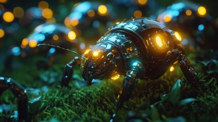 Fototapeta premium Futuristic insects with metallic exoskeletons crawling on digital grass, blending nature with cybernetic enhancements.