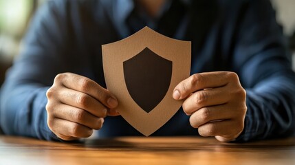 person holds paper shield symbolizing protection and security, emphasizing safety