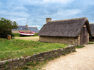 Traditional Breton village of Kerlouan, Menez Ham, fishing boat on land