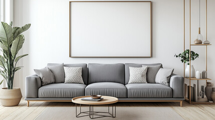 Naklejka premium Modern Scandinavian living room featuring a gray sofa, minimalist decor, wooden coffee table, and soft lighting, creating a serene and elegant space with natural elements.