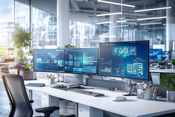 Modern Office Workspace with Multiple Monitors and Data Analytics.