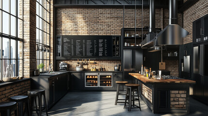 A spacious loft-style kitchen featuring exposed brick walls, modern black cabinetry, industrial lighting, large windows, and a sleek wooden kitchen island for a sophisticated ambiance.