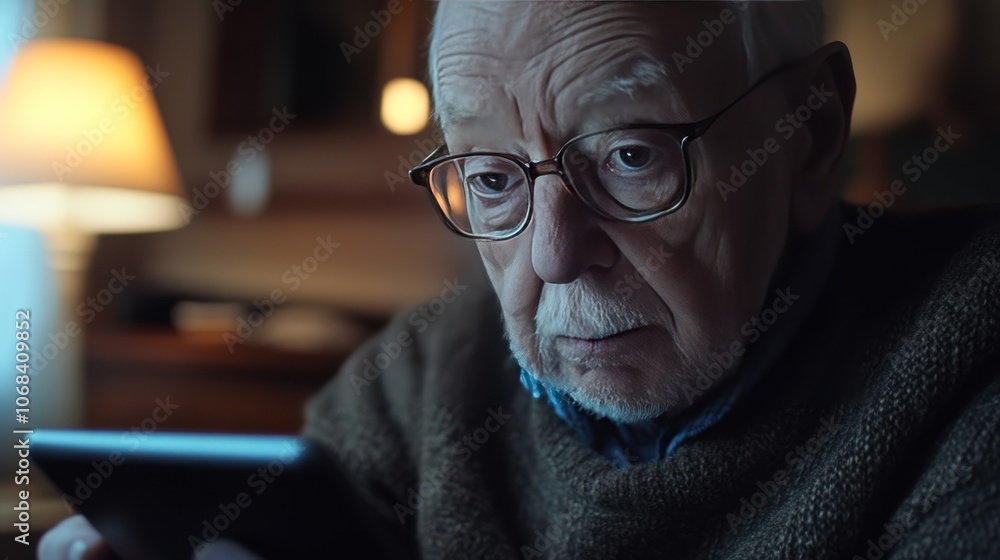 Poster grandpa is intently studying how to use a tablet app. learning about technology opens up a new world