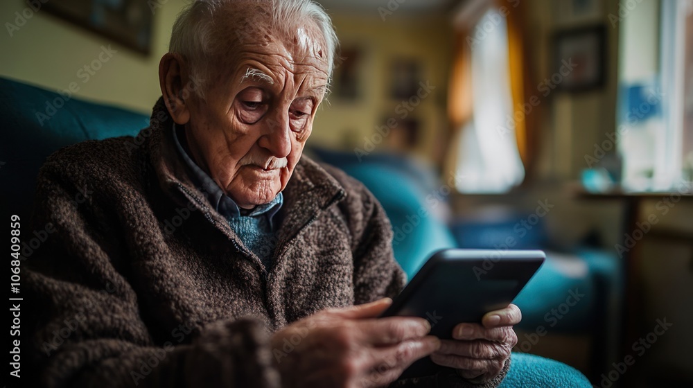 Poster grandpa is intently studying how to use a tablet app. learning about technology opens up a new world