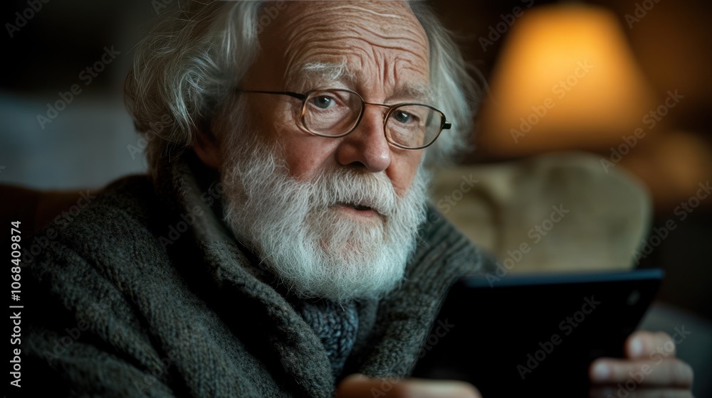 Poster grandpa is intently studying how to use a tablet app. learning about technology opens up a new world