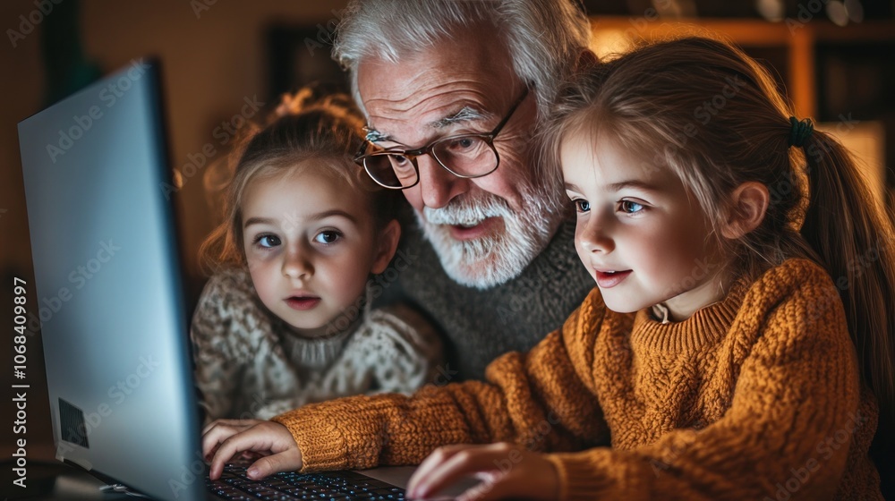 Poster grandpa is teaching his grandchildren how to use a computer, sharing knowledge and experiences of us