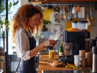 Side view of curly business woman using food blender mixing ingredients for milk smoothie while cooking healthy breakfast at modern small kitchen in an office space