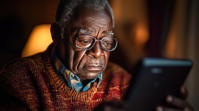 Grandpa is intently studying how to use a tablet app. Learning about technology opens up a new world for older people."