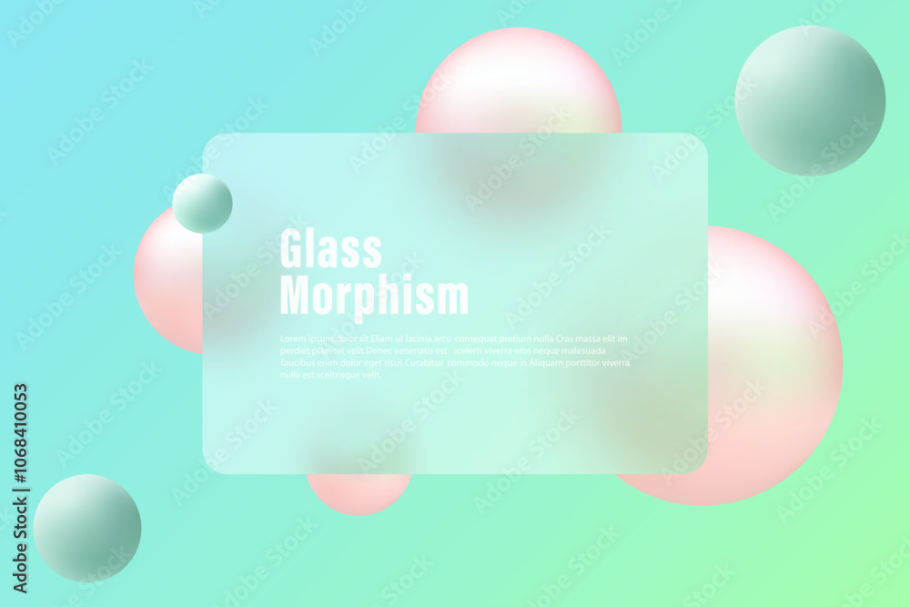 Aufkleber glass morphism website landing page template. frosted glass partition with floating spheres.