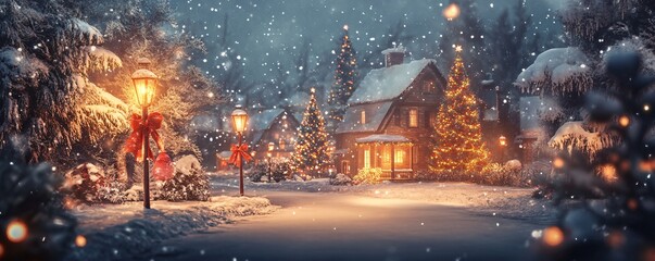 Snowy christmas village street with decorated houses and lampposts at night