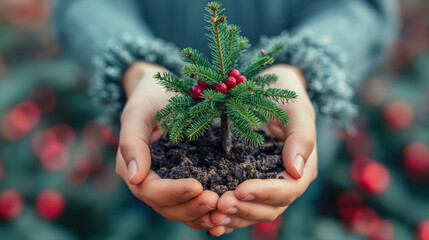 Hands holding a small evergreen tree with red berries in soil