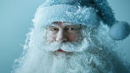 Close-up of a frost-covered Santa Claus with icy blue eyes, surrounded by swirling snowflakes, capturing the magic of winter and the holiday season.
