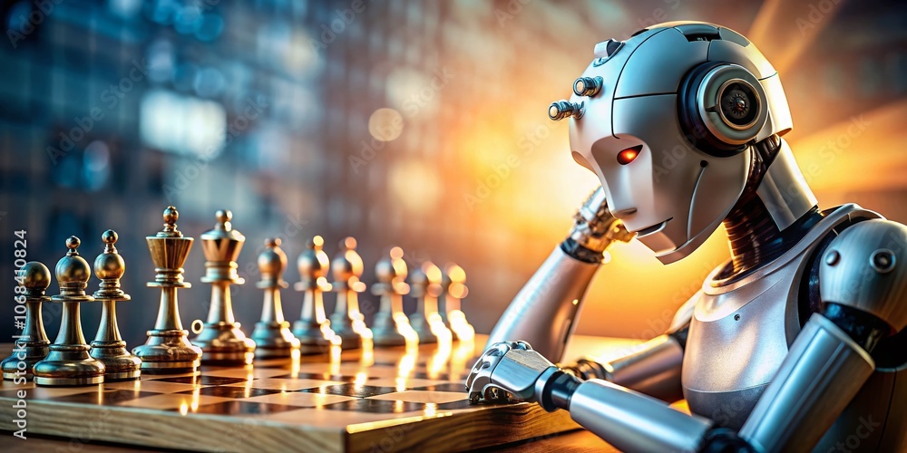 Aufkleber robot ai engaged in strategic chess game on a chessboard with copy space for creative use in technol