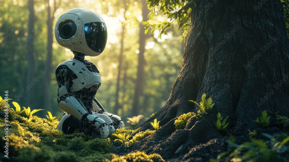 Poster robot stands looking at a large tree, helping to preserve the ecosystem