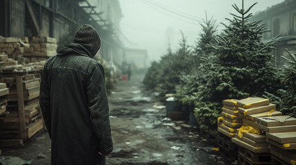 Mysterious figure in urban alleyway surrounded by pine trees and wooden pallets in foggy atmosphere