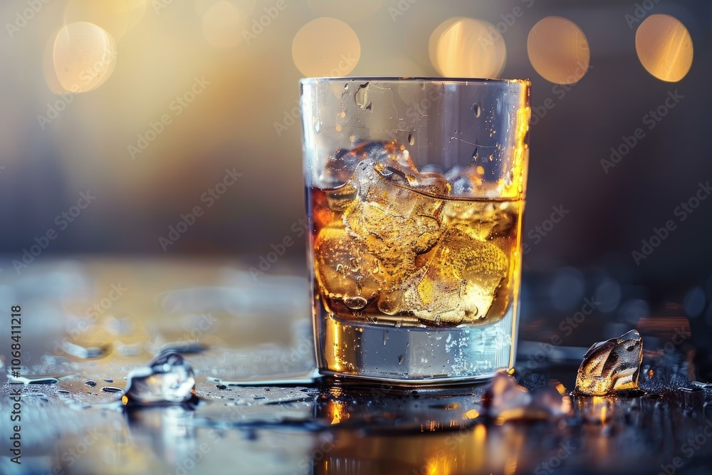 Poster glass of whisky with ice cubes is resting on a wet bar surface with a warm bokeh background