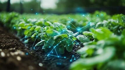 Smart farming systems with AI-controlled irrigation and sensor networks, optimizing crop growth in an ecosystem-rich landscape."