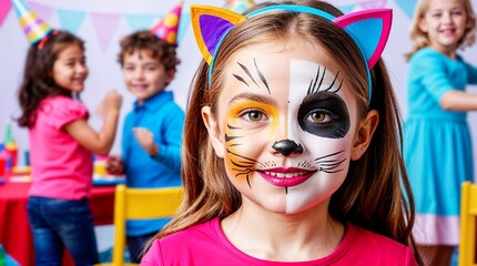 A smiling adorable  young girl at kids party, her face decorated with vibrant, artistic face paint that includes colorful patterns. The face paint is intricate yet childlike, with bright colours 