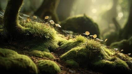 A serene forest floor, covered in vibrant green moss and illuminated by soft sunlight filtering through the trees, creating a tranquil nature scene