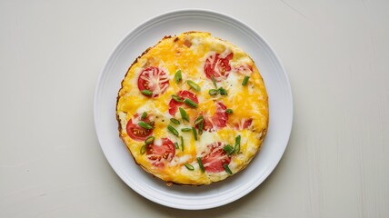 top down breakfast tomato, cheese and spring onion frittata on white plate, plain backdrop