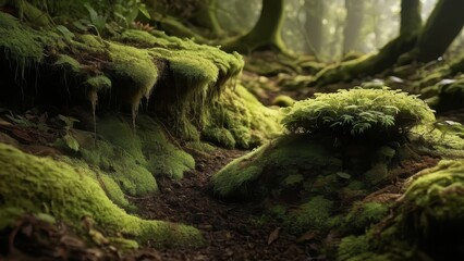 A serene forest floor, covered in vibrant green moss and illuminated by soft sunlight filtering through the trees, creating a tranquil nature scene