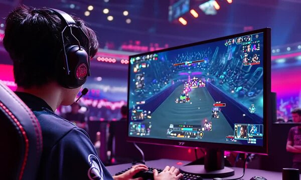 Gamer Wearing Headphones Focused on a Computer Screen Showing a Multiplayer Game