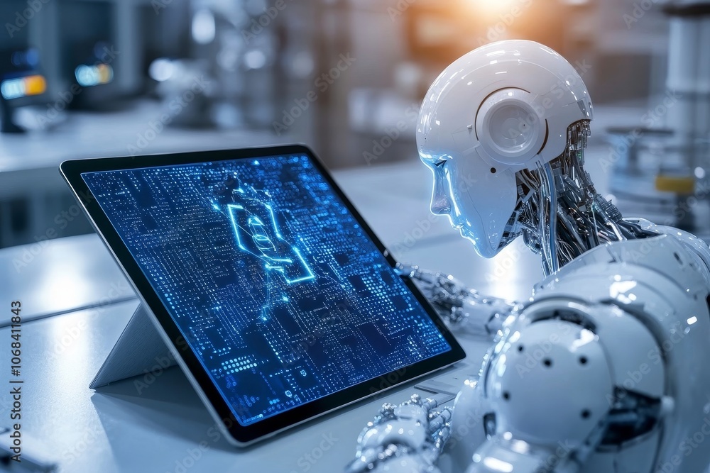 Poster robot uses tablet on ai-driven, data analysis, machine learning.