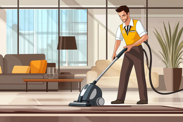 professional cleaner wearing a uniform, using a vacuum cleaner on a carpet in a modern living room
