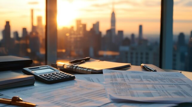 Sunset-lit office desk with NYC skyline, financial documents spread out, calculator and pens in focus, business productivity atmosphere