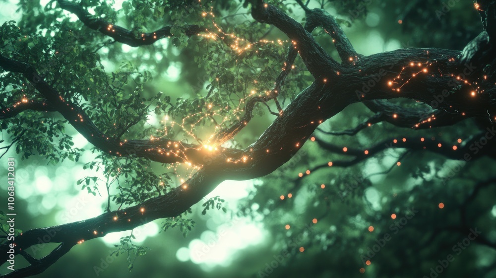 Poster tree branches intertwined with glowing neural circuits, symbolizing the fusion of ai and organic lif