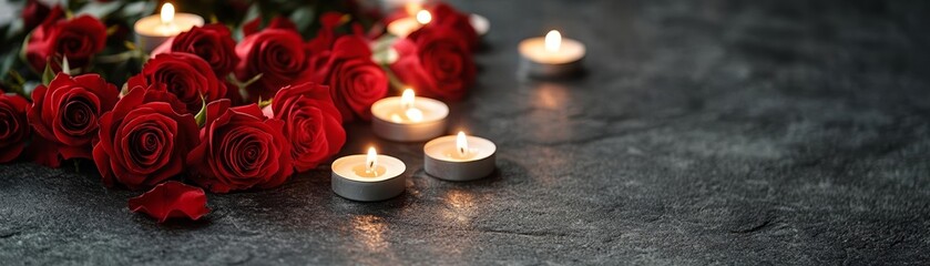 Arrangement of red roses and candles on the ground, evoking themes of mourning, peace, and tribute during All Saints' Day