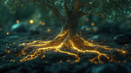 Trees with glowing cybernetic roots, organic life, nutrient absorption by trees