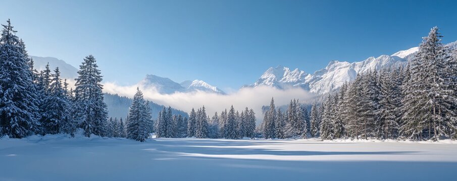 Snowy mountain range and pine forest reflecting in a frozen lake during sunny winter day