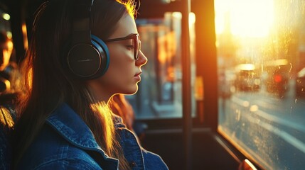 Two friends share headphones on the bus, listening to music while enjoying the natural scenery outside. Sunlight streaming through the windows makes the journey even more enjoyable."