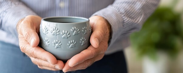 Close-up of a man holding a gray ceramic pet urn with paw prints, symbolizing the loss of a beloved four-legged friend