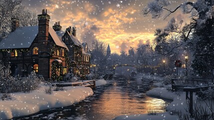 Fototapeta premium Canal flowing through snowy village at christmas time