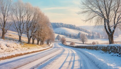 Obraz premium Serene winter road through snowy countryside with bare trees and hills