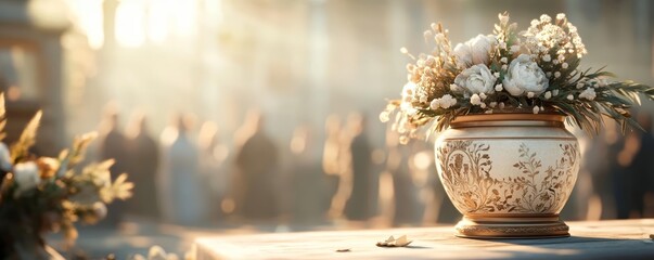 Funeral scene with ornate urn and gathering, warm sunlight, evoking themes of mourning, reflection, and honoring the departed