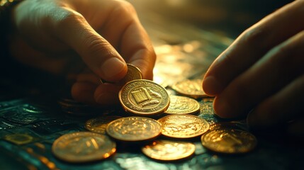 Close-up of hands counting gold coins on a table, with a blurred background.