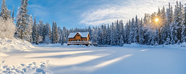 Wooden cabin surrounded by snowy pine forest at sunrise in winter
