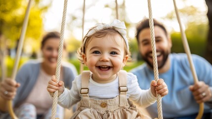 Parents pushing kids on swings in a sunny park creating a lively and playful family moment with side empty space for text, Stockphoto style
