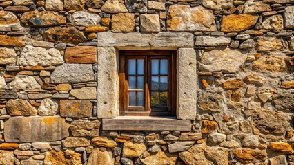 Rustic textures and light interplay define a minimalist old stone wall with a window, celebrating the beauty of architecture and the wonders of nature.