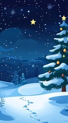 Fototapeta premium Christmas tree covered by snow in snowy landscape at night