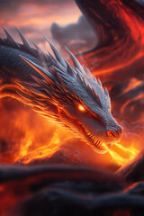 A fierce dragon breathes fire against a backdrop of orange and red flames.